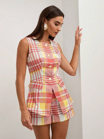COSMINA 2pcs Women's Plaid Print Sleeveless Top And Shorts Set