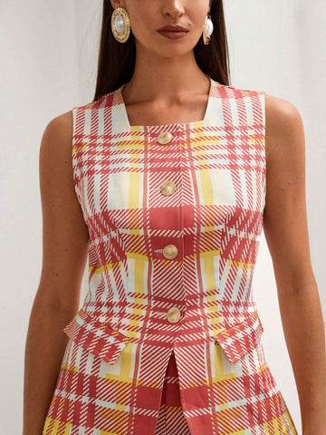 COSMINA 2pcs Women's Plaid Print Sleeveless Top And Shorts Set