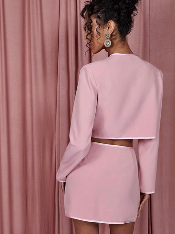 COSMINA 2pcs Women's Solid Color Long Sleeve Jacket And A-Line Skirt, Minimalist Fashion Casual Daily Wear