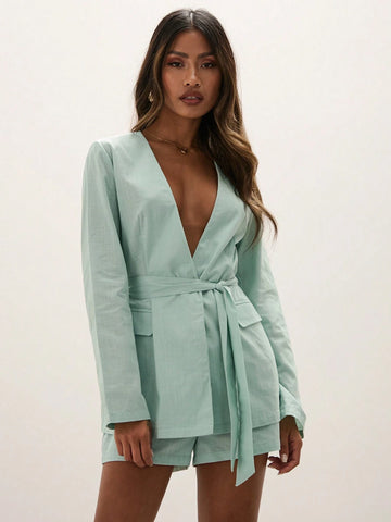 COSMINA 2pcs Women's Solid Deep V-Neck Long Sleeve Jacket And Shorts Casual Set, Spring Fall