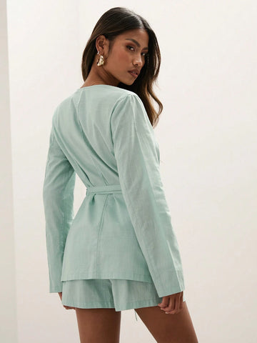COSMINA 2pcs Women's Solid Deep V-Neck Long Sleeve Jacket And Shorts Casual Set, Spring Fall