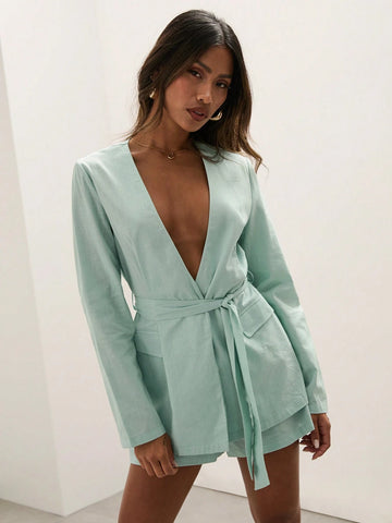 COSMINA 2pcs Women's Solid Deep V-Neck Long Sleeve Jacket And Shorts Casual Set, Spring Fall