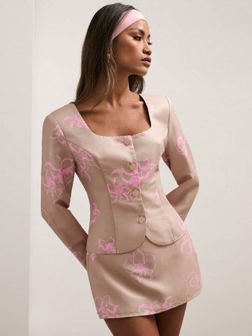 COSMINA 2pcs Women's Spring Fall Elegant Floral Print Blouse And Skirt Set