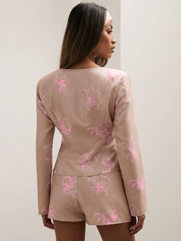 COSMINA 2pcs Women's Spring Fall Elegant Floral Print Blouse And Skirt Set