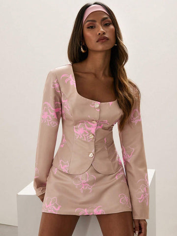 COSMINA 2pcs Women's Spring Fall Elegant Floral Print Blouse And Skirt Set
