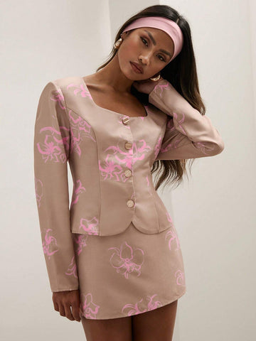 COSMINA 2pcs Women's Spring Fall Elegant Floral Print Blouse And Skirt Set