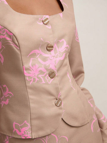 COSMINA 2pcs Women's Spring Fall Elegant Floral Print Blouse And Skirt Set
