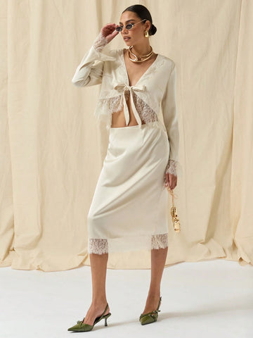 COSMINA Autumn/Winter 2pcs/Set Women Lace Trim Tie Front Long Sleeve Blouse And Skirt Outfit