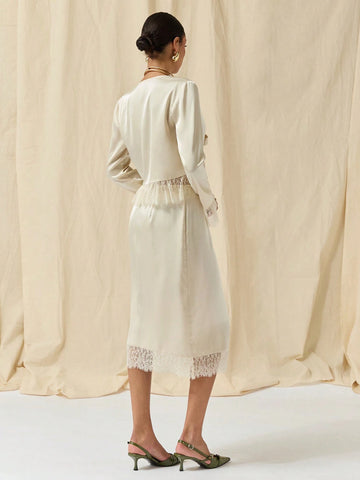 COSMINA Autumn/Winter 2pcs/Set Women Lace Trim Tie Front Long Sleeve Blouse And Skirt Outfit