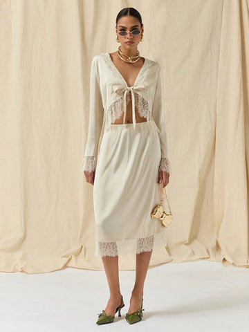 COSMINA Autumn/Winter 2pcs/Set Women Lace Trim Tie Front Long Sleeve Blouse And Skirt Outfit