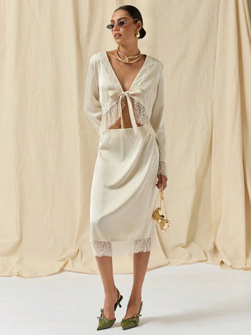 COSMINA Autumn/Winter 2pcs/Set Women Lace Trim Tie Front Long Sleeve Blouse And Skirt Outfit