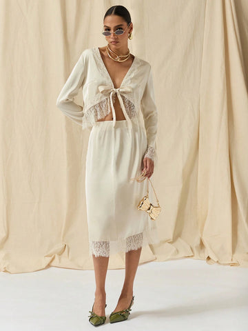 COSMINA Autumn/Winter 2pcs/Set Women Lace Trim Tie Front Long Sleeve Blouse And Skirt Outfit