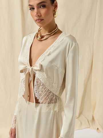 COSMINA Autumn/Winter 2pcs/Set Women Lace Trim Tie Front Long Sleeve Blouse And Skirt Outfit