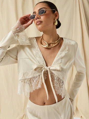 COSMINA Autumn/Winter 2pcs/Set Women Lace Trim Tie Front Long Sleeve Blouse And Skirt Outfit