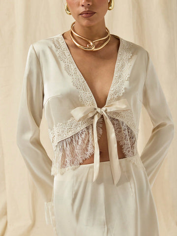 COSMINA Autumn/Winter 2pcs/Set Women Lace Trim Tie Front Long Sleeve Blouse And Skirt Outfit