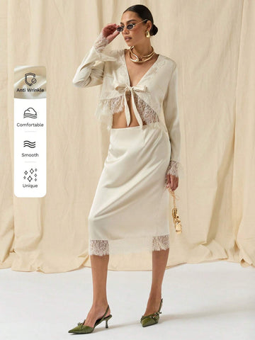 COSMINA Autumn/Winter 2pcs/Set Women Lace Trim Tie Front Long Sleeve Blouse And Skirt Outfit