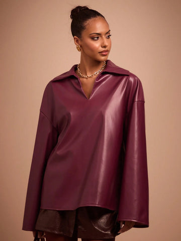 COSMINA Autumn/Winter Burgundy PU Leather Small V-Neck Women Shirt