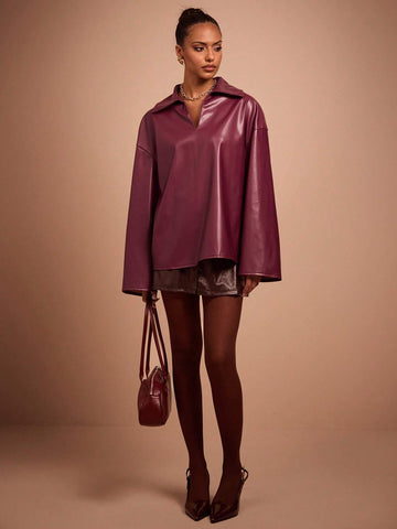 COSMINA Autumn/Winter Burgundy PU Leather Small V-Neck Women Shirt