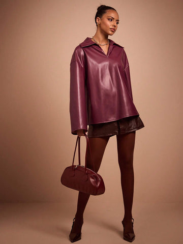 COSMINA Autumn/Winter Burgundy PU Leather Small V-Neck Women Shirt