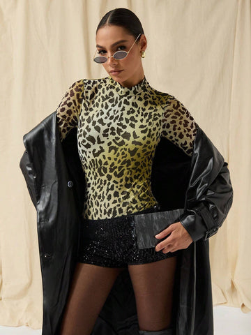 COSMINA Autumn/Winter Women Allover Print Stand Collar Long Sleeve Bodysuit