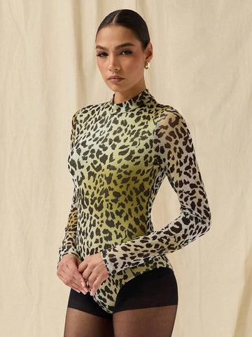 COSMINA Autumn/Winter Women Allover Print Stand Collar Long Sleeve Bodysuit
