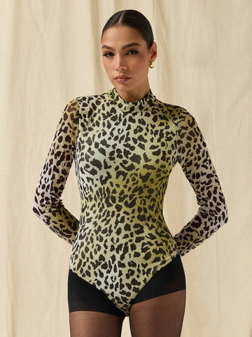COSMINA Autumn/Winter Women Allover Print Stand Collar Long Sleeve Bodysuit