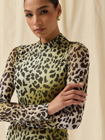 COSMINA Autumn/Winter Women Allover Print Stand Collar Long Sleeve Bodysuit