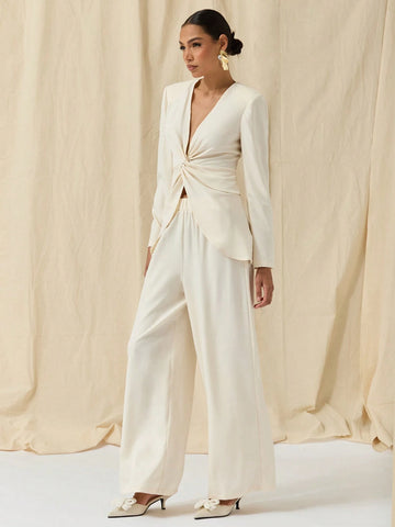 COSMINA COSMINA Autumn/Winter 2pcs/Set Women Casual V-Neck Twist Front Top And Wide-Leg Pants,