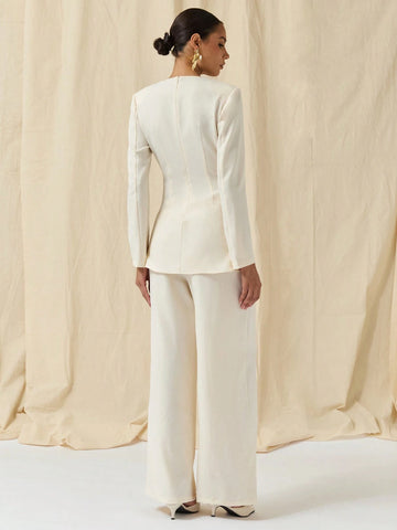 COSMINA COSMINA Autumn/Winter 2pcs/Set Women Casual V-Neck Twist Front Top And Wide-Leg Pants,