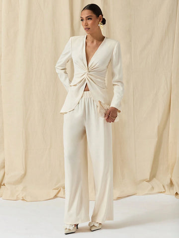 COSMINA COSMINA Autumn/Winter 2pcs/Set Women Casual V-Neck Twist Front Top And Wide-Leg Pants,