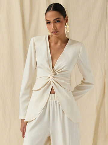 COSMINA COSMINA Autumn/Winter 2pcs/Set Women Casual V-Neck Twist Front Top And Wide-Leg Pants,