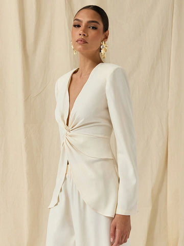 COSMINA COSMINA Autumn/Winter 2pcs/Set Women Casual V-Neck Twist Front Top And Wide-Leg Pants,
