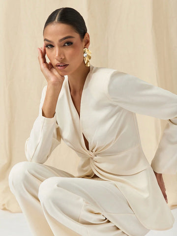 COSMINA COSMINA Autumn/Winter 2pcs/Set Women Casual V-Neck Twist Front Top And Wide-Leg Pants,
