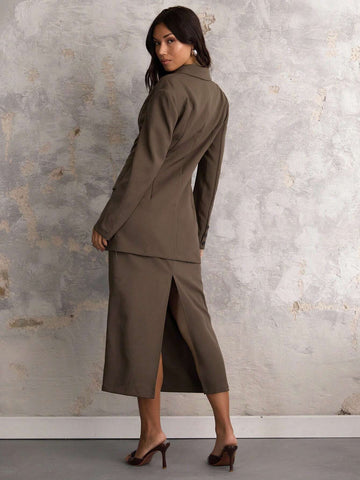 COSMINA COSMINA Autumn/Winter 2pcs Set Women Solid Color Front Button Long Sleeve Faux Pocket Top And Skirt, Casual Outfit