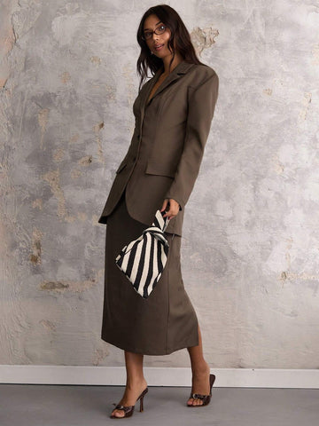 COSMINA COSMINA Autumn/Winter 2pcs Set Women Solid Color Front Button Long Sleeve Faux Pocket Top And Skirt, Casual Outfit