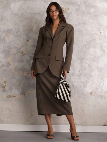 COSMINA COSMINA Autumn/Winter 2pcs Set Women Solid Color Front Button Long Sleeve Faux Pocket Top And Skirt, Casual Outfit