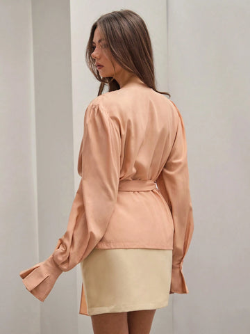 Women Elegant Lantern Long Sleeve Coral/Salmon Orange Business Casual Work Blouse With Belt For Daily Commute FAll