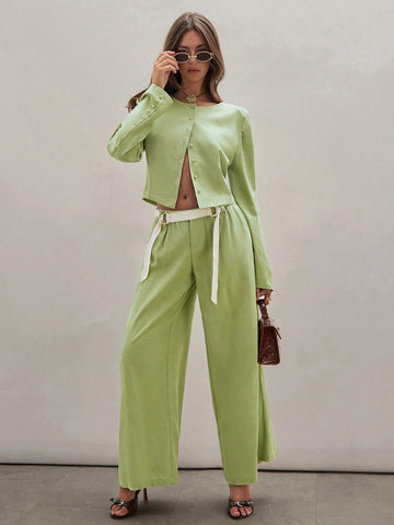 Women's Solid Color Front Button Long Sleeve Simple Blouse, Casual Daily Wear