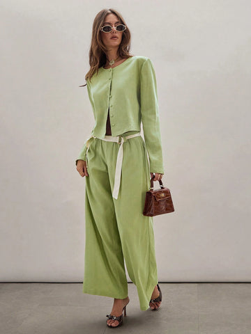 Women's Solid Color Front Button Long Sleeve Simple Blouse, Casual Daily Wear