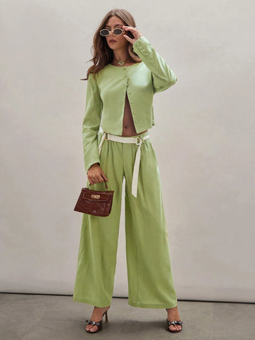 Women's Solid Color Front Button Long Sleeve Simple Blouse, Casual Daily Wear