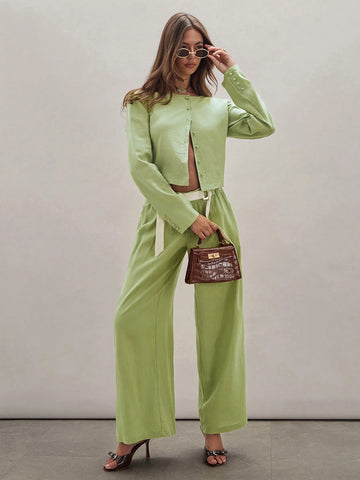 Women's Solid Color Front Button Long Sleeve Simple Blouse, Casual Daily Wear