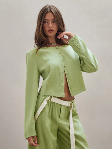 Women's Solid Color Front Button Long Sleeve Simple Blouse, Casual Daily Wear