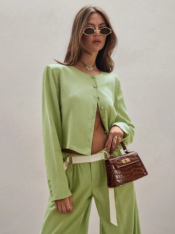 Women's Solid Color Front Button Long Sleeve Simple Blouse, Casual Daily Wear