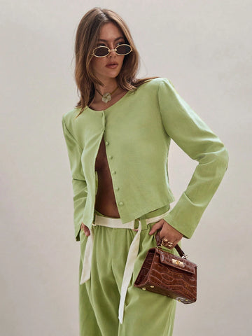 Women's Solid Color Front Button Long Sleeve Simple Blouse, Casual Daily Wear