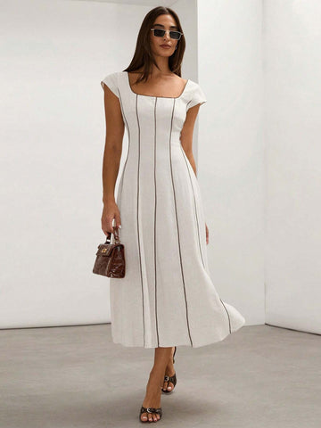 COSMINA Cream-Color Linen Blend Color Block Fitted Sleeveless A-Line Dress For Women, Spring/Summer
