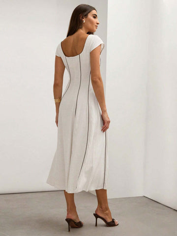 COSMINA Cream-Color Linen Blend Color Block Fitted Sleeveless A-Line Dress For Women, Spring/Summer