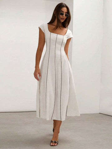 COSMINA Cream-Color Linen Blend Color Block Fitted Sleeveless A-Line Dress For Women, Spring/Summer