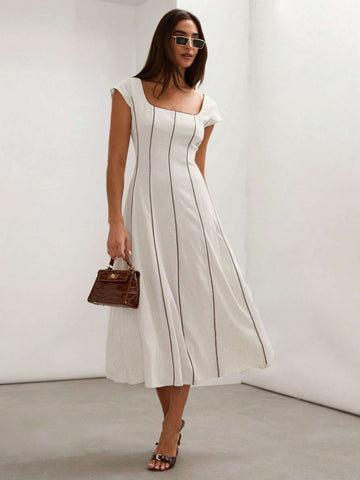COSMINA Cream-Color Linen Blend Color Block Fitted Sleeveless A-Line Dress For Women, Spring/Summer