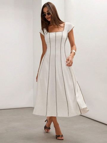 COSMINA Cream-Color Linen Blend Color Block Fitted Sleeveless A-Line Dress For Women, Spring/Summer