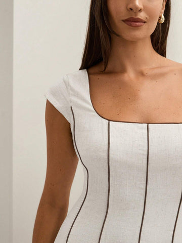 COSMINA Cream-Color Linen Blend Color Block Fitted Sleeveless A-Line Dress For Women, Spring/Summer